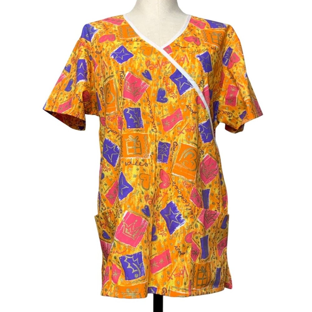 Jasco Uniform Womens Size M V-Neck Scrub Top Vibrant Holiday Geometric French